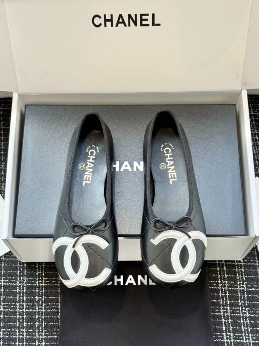 Chanel Two-Tone CC Logo Bow Ballet Flat Shoes